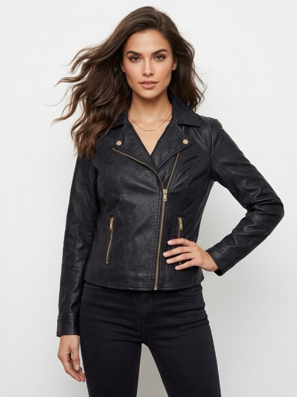Baccini Women’s Black Faux Leather Biker Jacket Zip up size PS